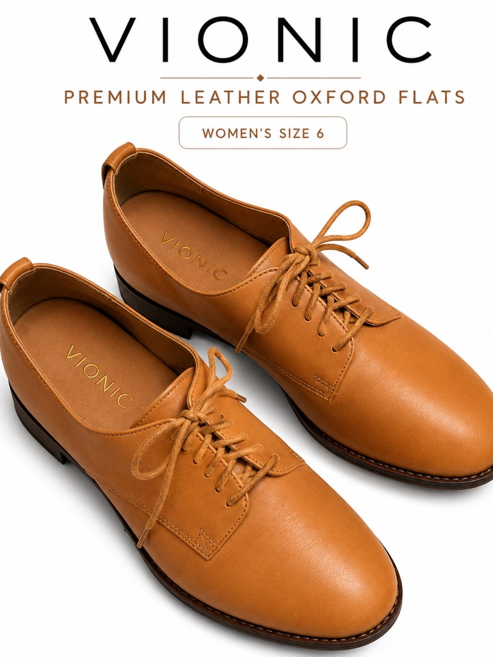 Vionic Leather Oxford Flats Tan Comfort Shoes Size 6 Minimalist 1” Heel